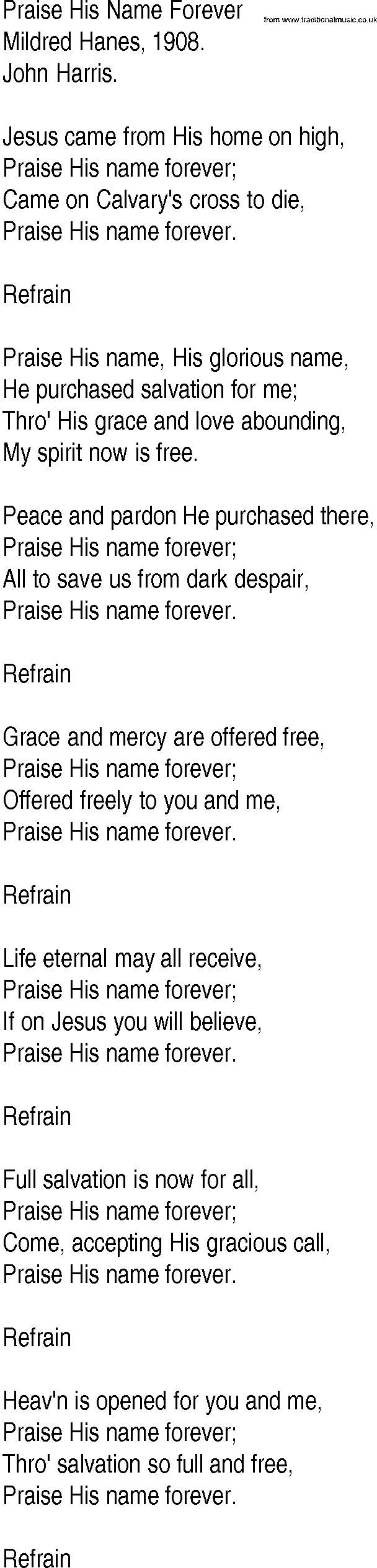 Hymn and Gospel Song: Praise His Name Forever by Mildred Hanes lyrics