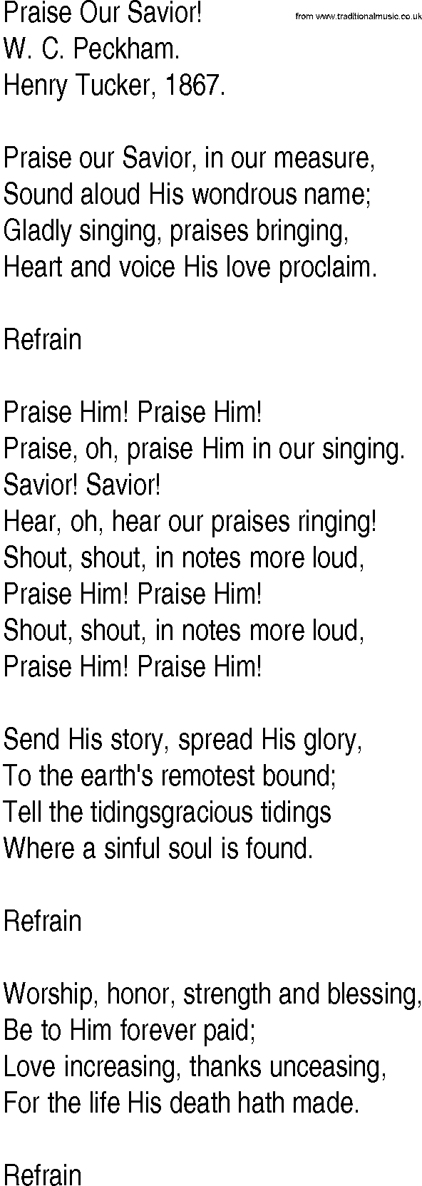 Hymn and Gospel Song: Praise Our Savior! by W C Peckham lyrics