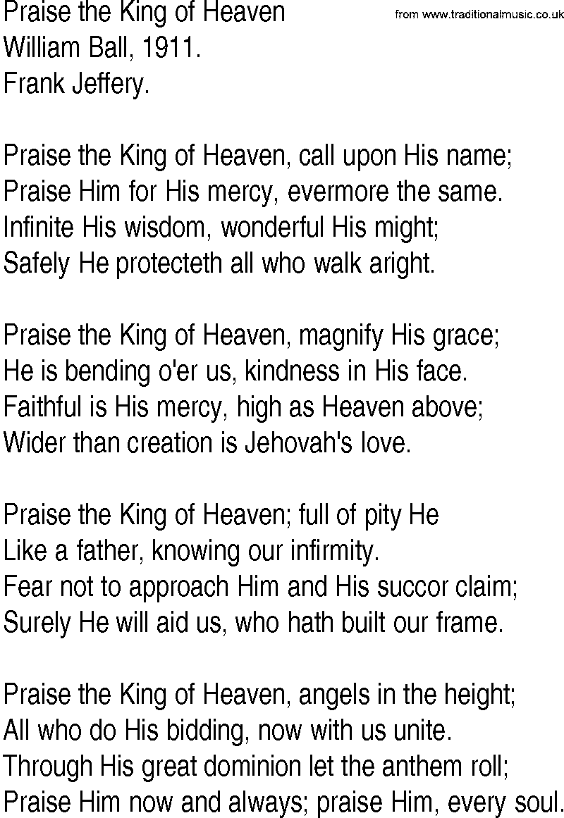 Hymn and Gospel Song: Praise the King of Heaven by William Ball lyrics