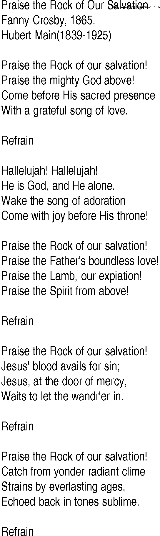 Hymn and Gospel Song: Praise the Rock of Our Salvation by Fanny Crosby lyrics