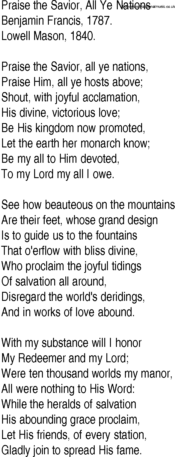 Hymn and Gospel Song: Praise the Savior, All Ye Nations by Benjamin Francis lyrics