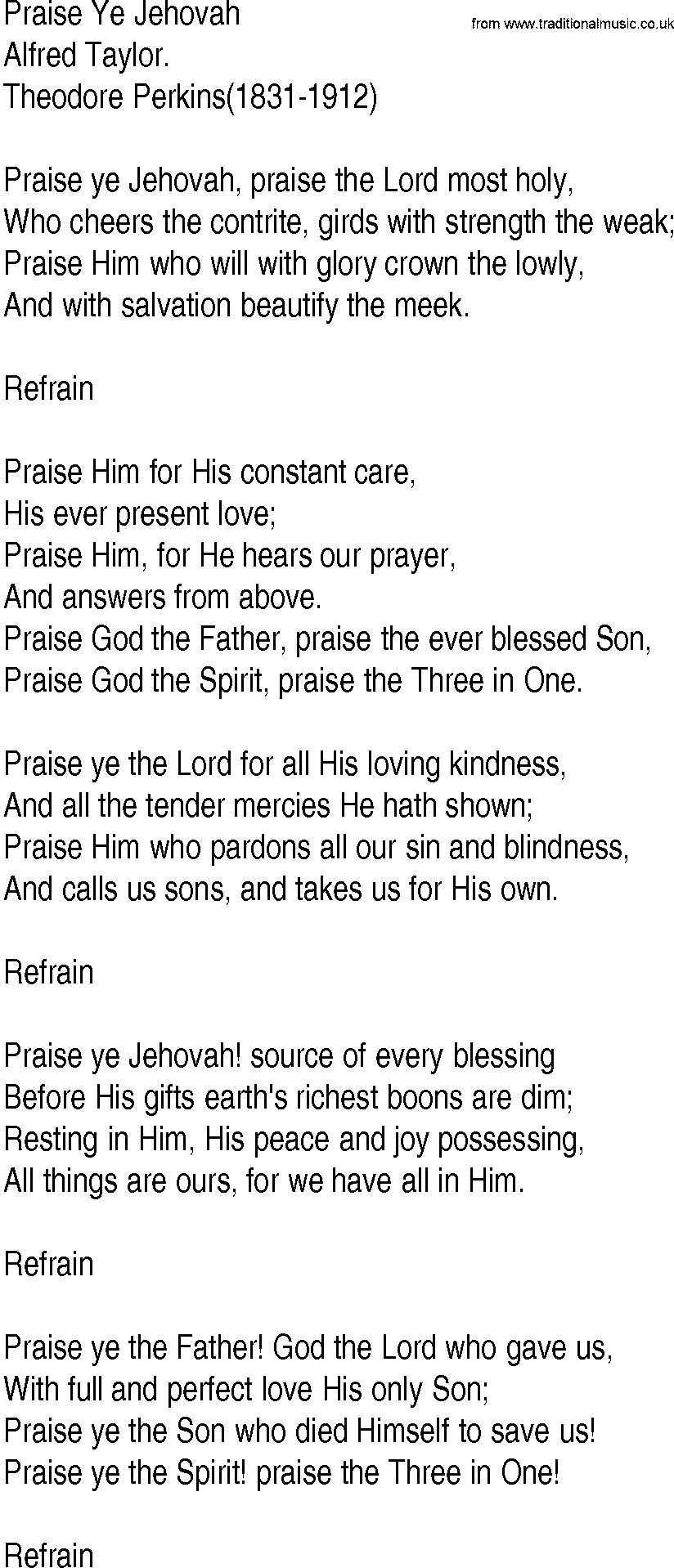 Hymn and Gospel Song: Praise Ye Jehovah by Alfred Taylor lyrics