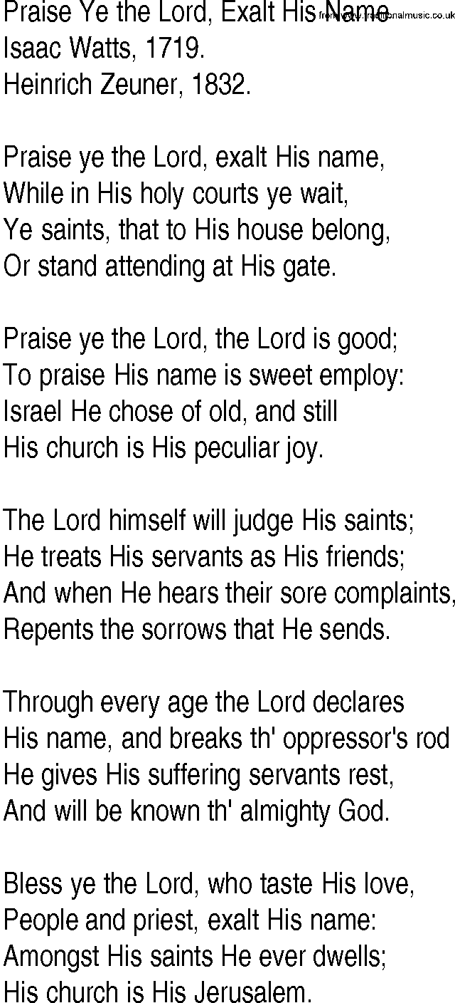 Hymn and Gospel Song: Praise Ye the Lord, Exalt His Name by Isaac Watts lyrics