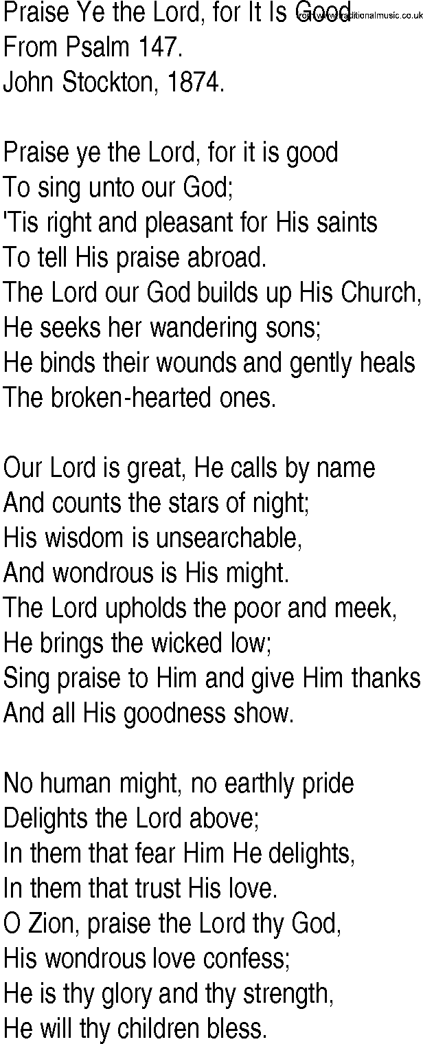 Hymn and Gospel Song: Praise Ye the Lord, for It Is Good by From Psalm lyrics