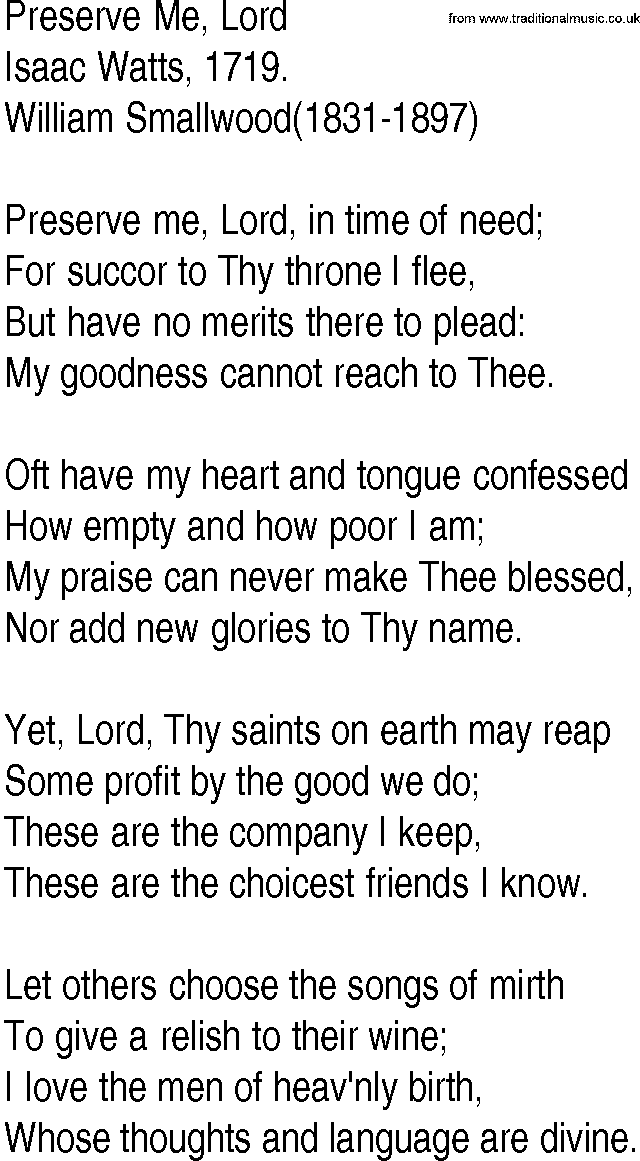 Hymn and Gospel Song: Preserve Me, Lord by Isaac Watts lyrics