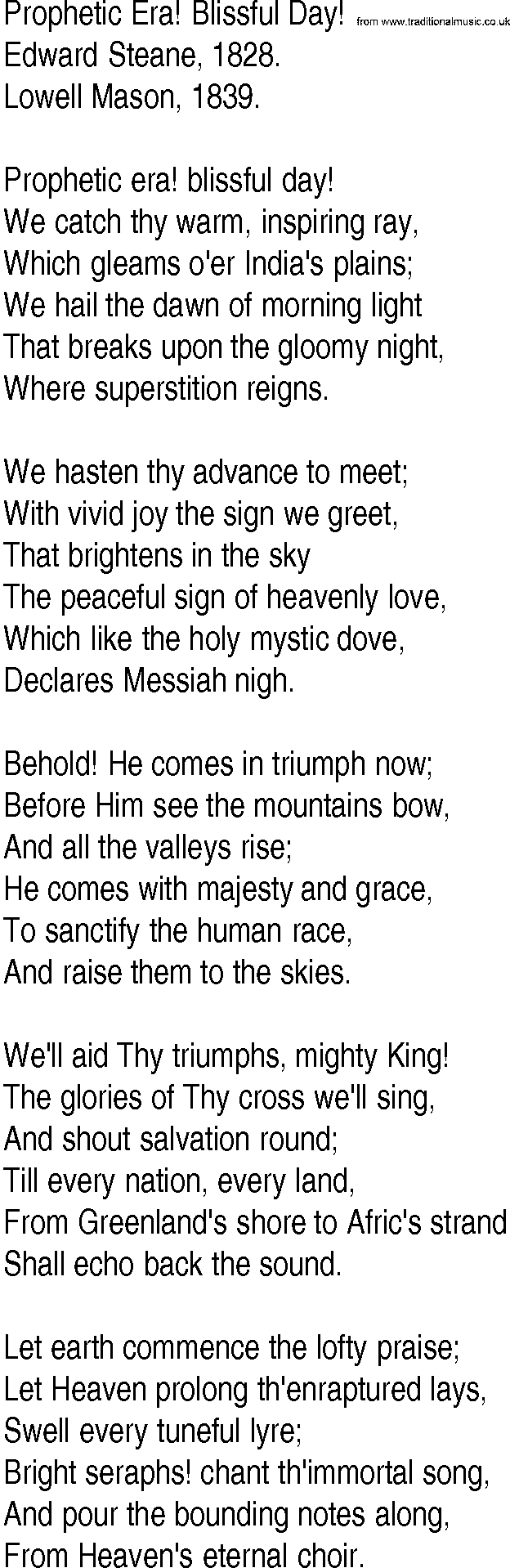 Hymn and Gospel Song: Prophetic Era! Blissful Day! by Edward Steane lyrics
