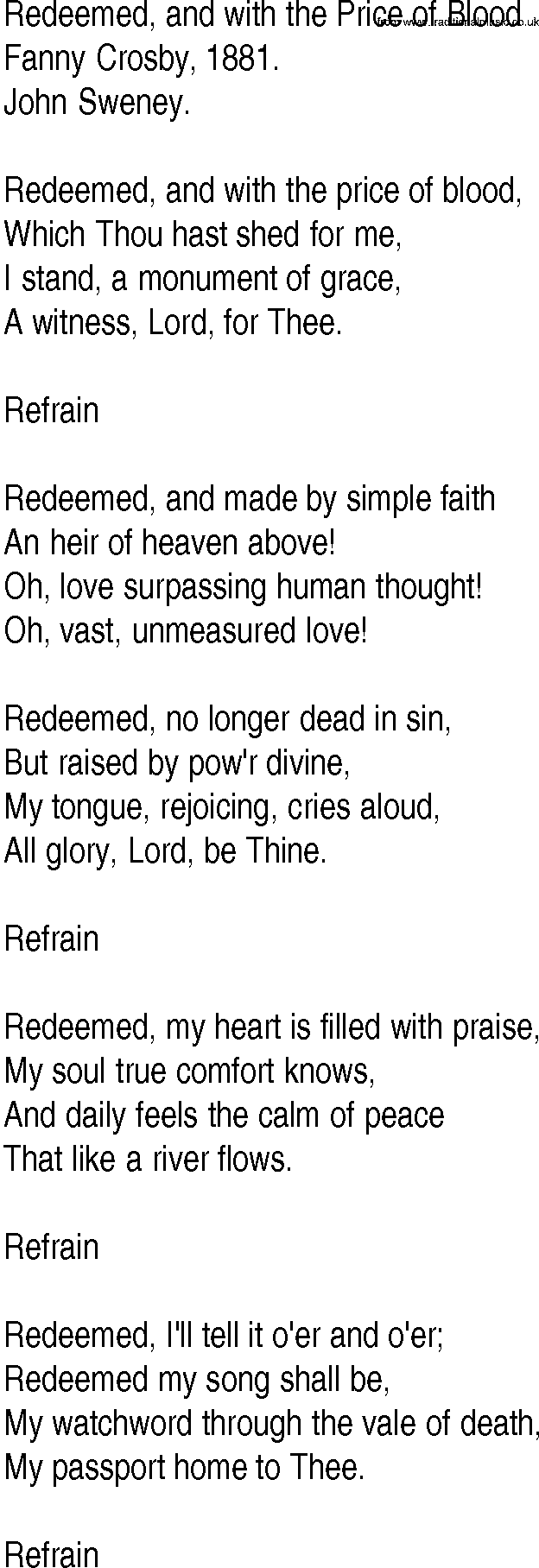 Hymn and Gospel Song: Redeemed, and with the Price of Blood by Fanny Crosby lyrics