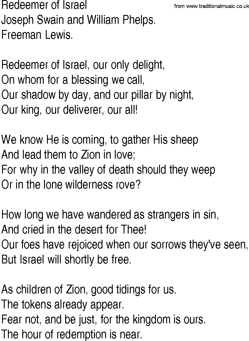Hymn and Gospel Song: Redeemer of Israel by Joseph Swain and William Phelps lyrics