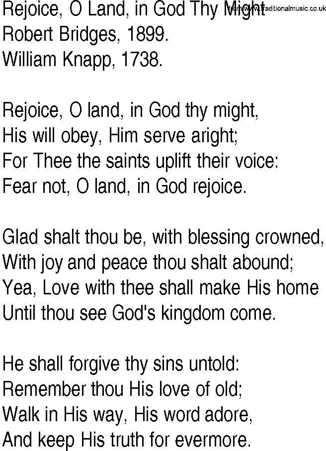 Hymn and Gospel Song: Rejoice, O Land, in God Thy Might by Robert Bridges lyrics