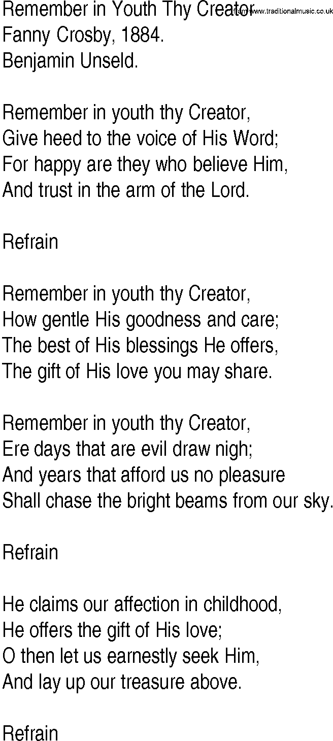 Hymn and Gospel Song: Remember in Youth Thy Creator by Fanny Crosby lyrics