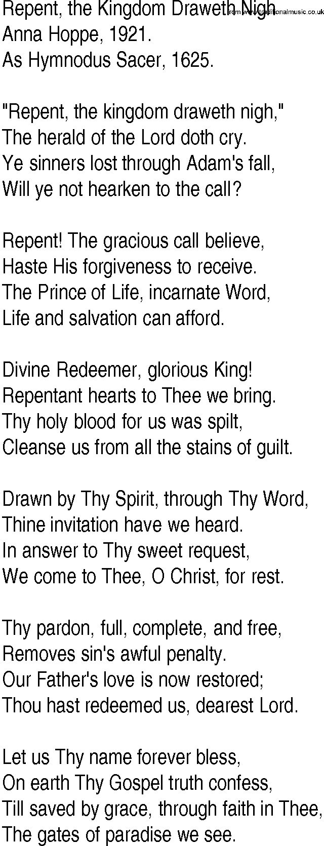 Hymn and Gospel Song: Repent, the Kingdom Draweth Nigh by Anna Hoppe lyrics