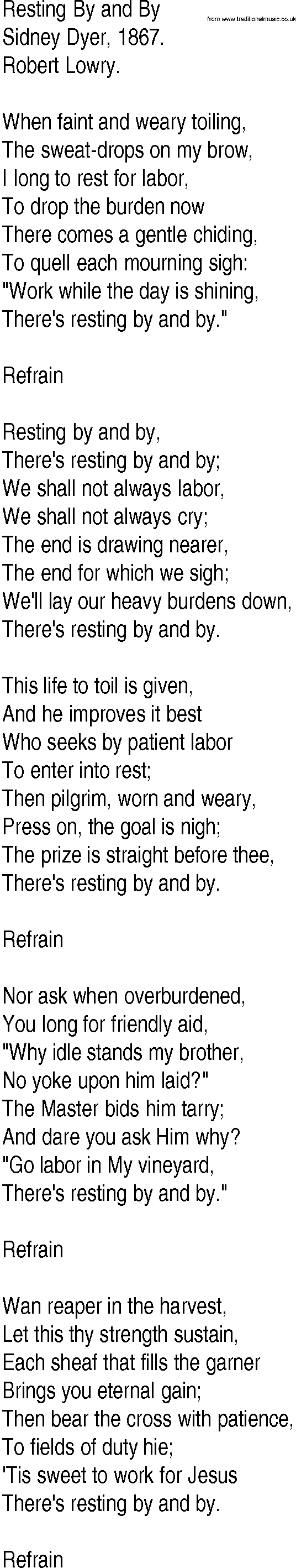 Hymn and Gospel Song: Resting By and By by Sidney Dyer lyrics