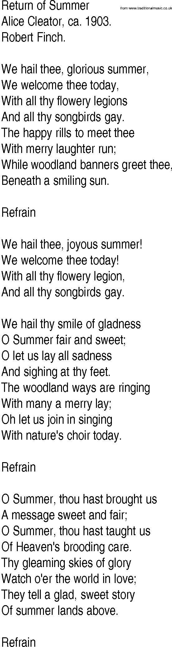 Hymn and Gospel Song: Return of Summer by Alice Cleator ca lyrics