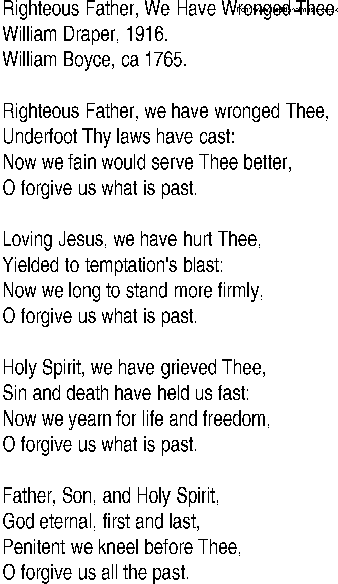 Hymn and Gospel Song: Righteous Father, We Have Wronged Thee by William Draper lyrics