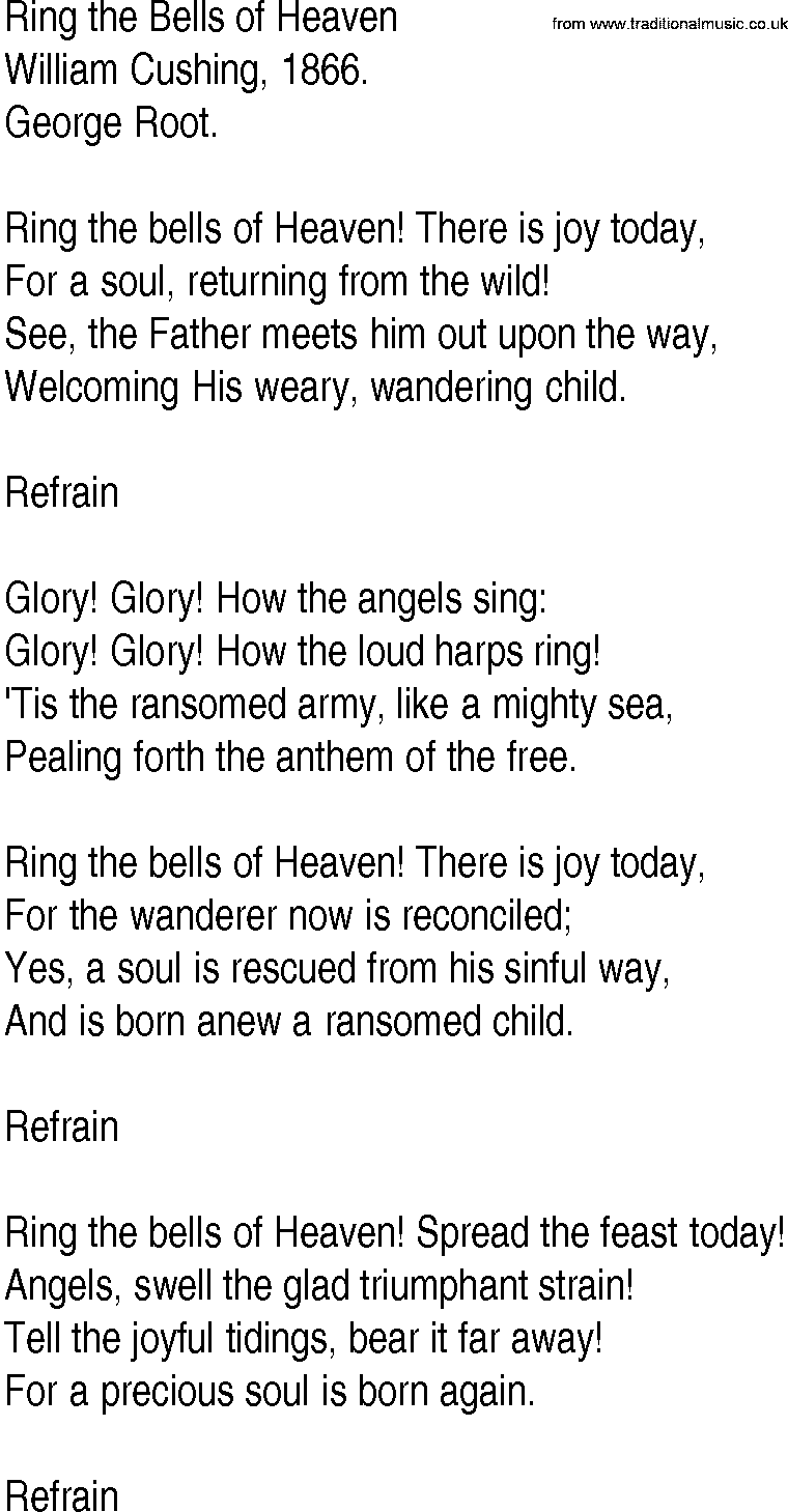 Hymn and Gospel Song: Ring the Bells of Heaven by William Cushing lyrics