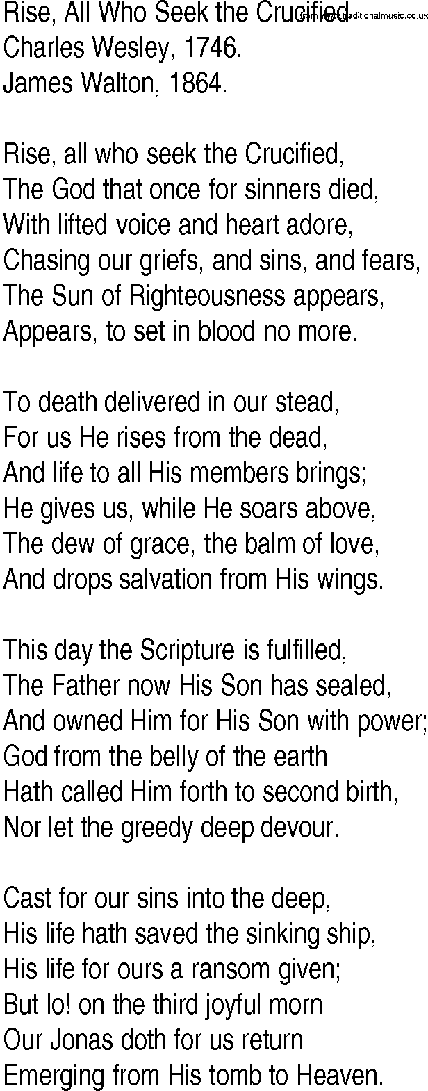 Hymn and Gospel Song: Rise, All Who Seek the Crucified by Charles Wesley lyrics