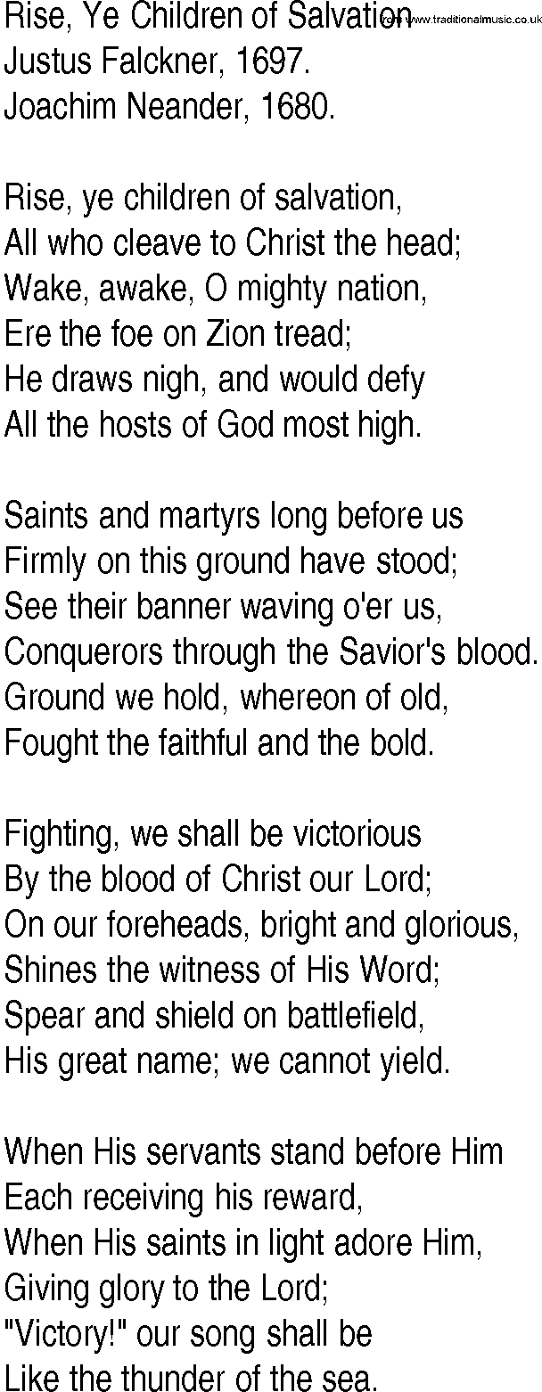 Hymn and Gospel Song: Rise, Ye Children of Salvation by Justus Falckner lyrics