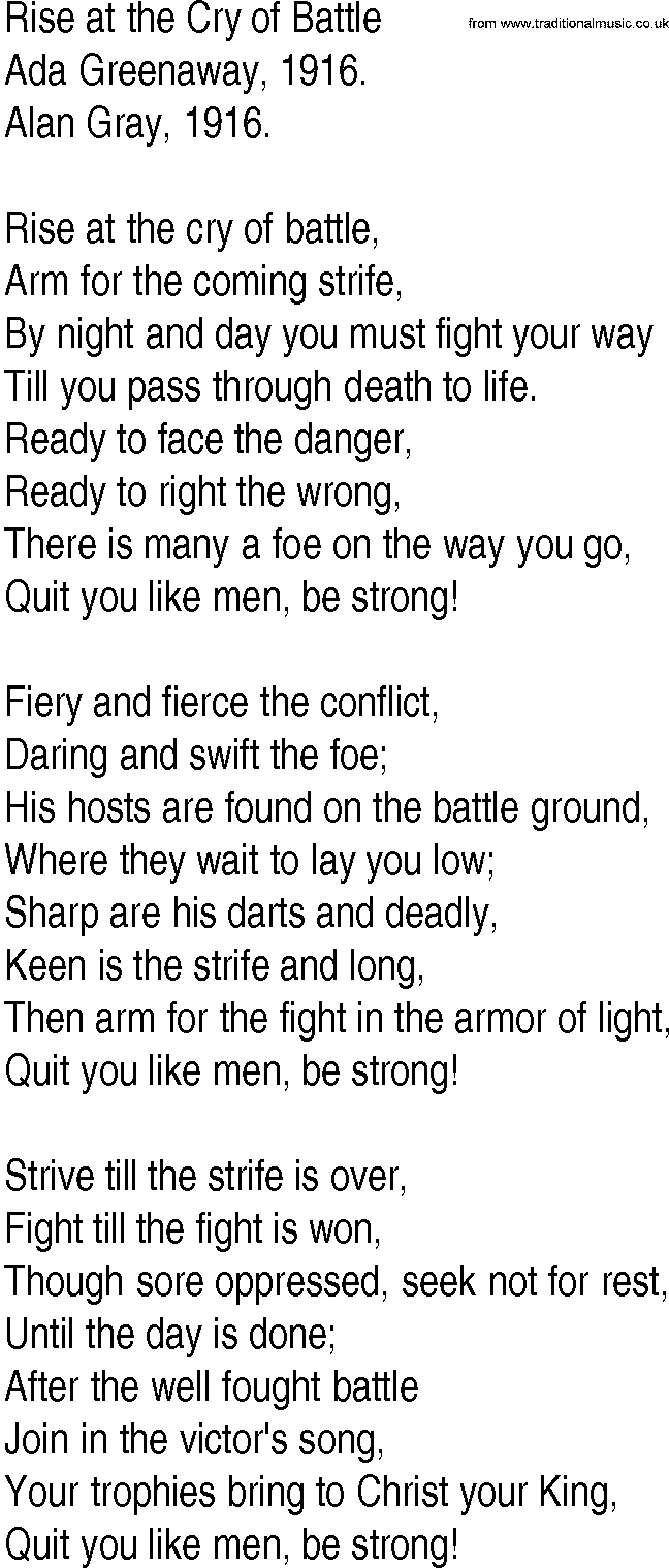 Hymn and Gospel Song: Rise at the Cry of Battle by Ada Greenaway lyrics
