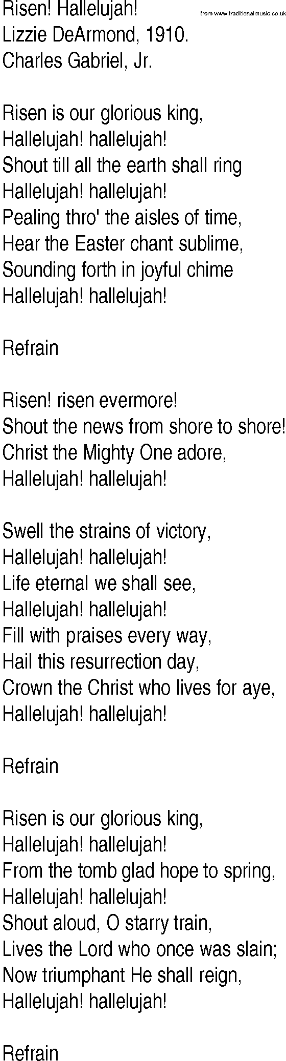 Hymn and Gospel Song: Risen! Hallelujah! by Lizzie DeArmond lyrics