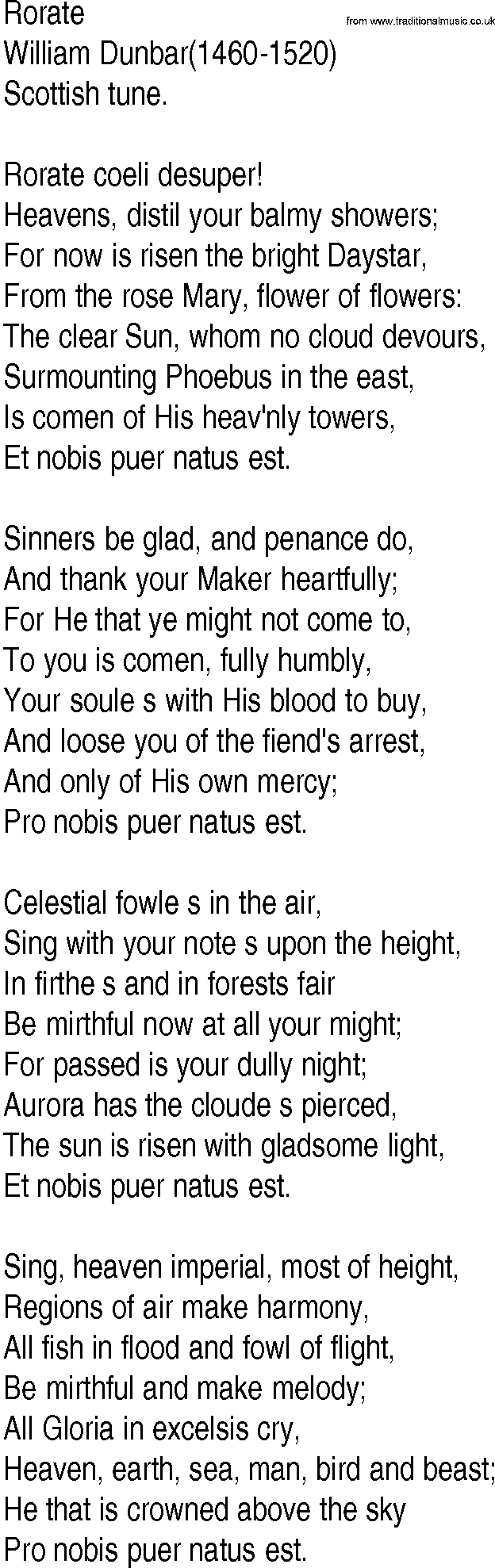 Hymn and Gospel Song: Rorate by William Dunbar lyrics