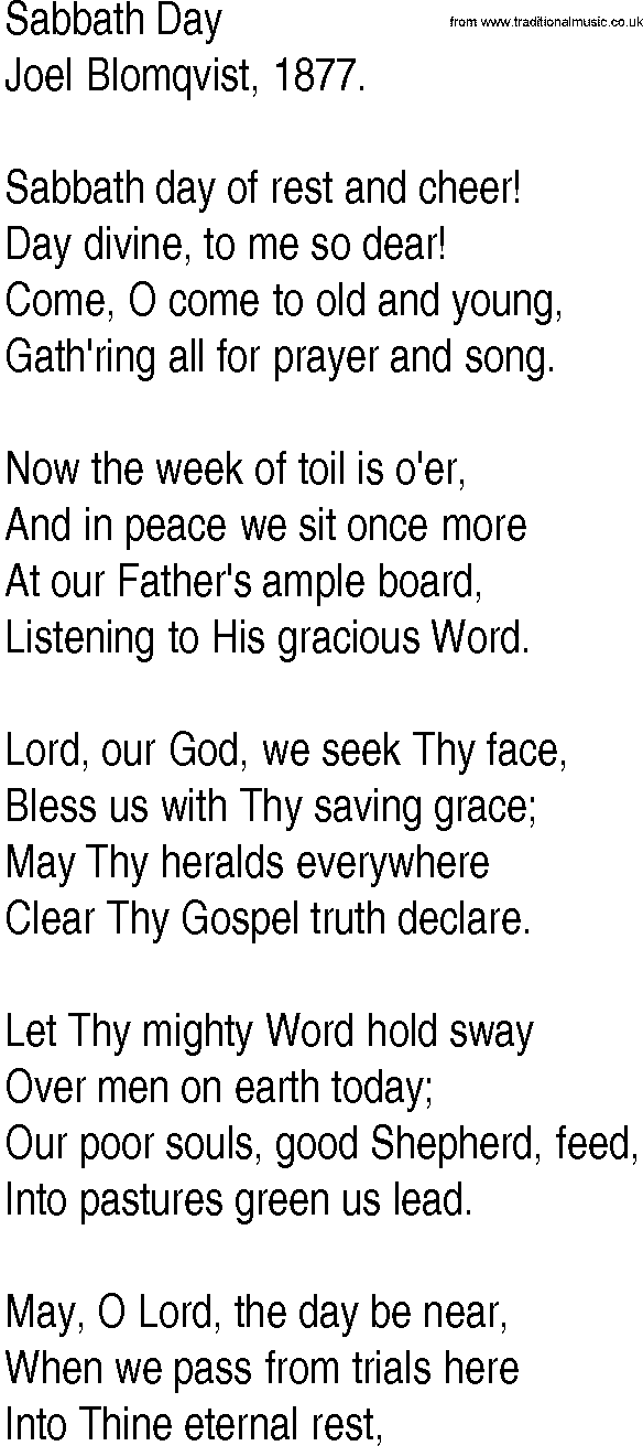 Hymn and Gospel Song: Sabbath Day by Joel Blomqvist lyrics