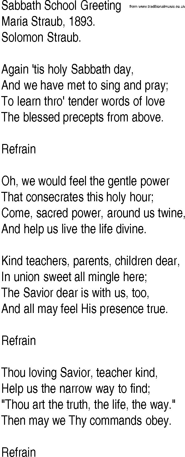Hymn and Gospel Song: Sabbath School Greeting by Maria Straub lyrics