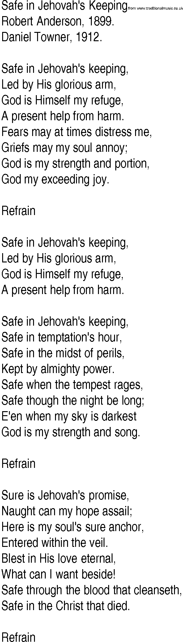 Hymn and Gospel Song: Safe in Jehovah's Keeping by Robert Anderson lyrics