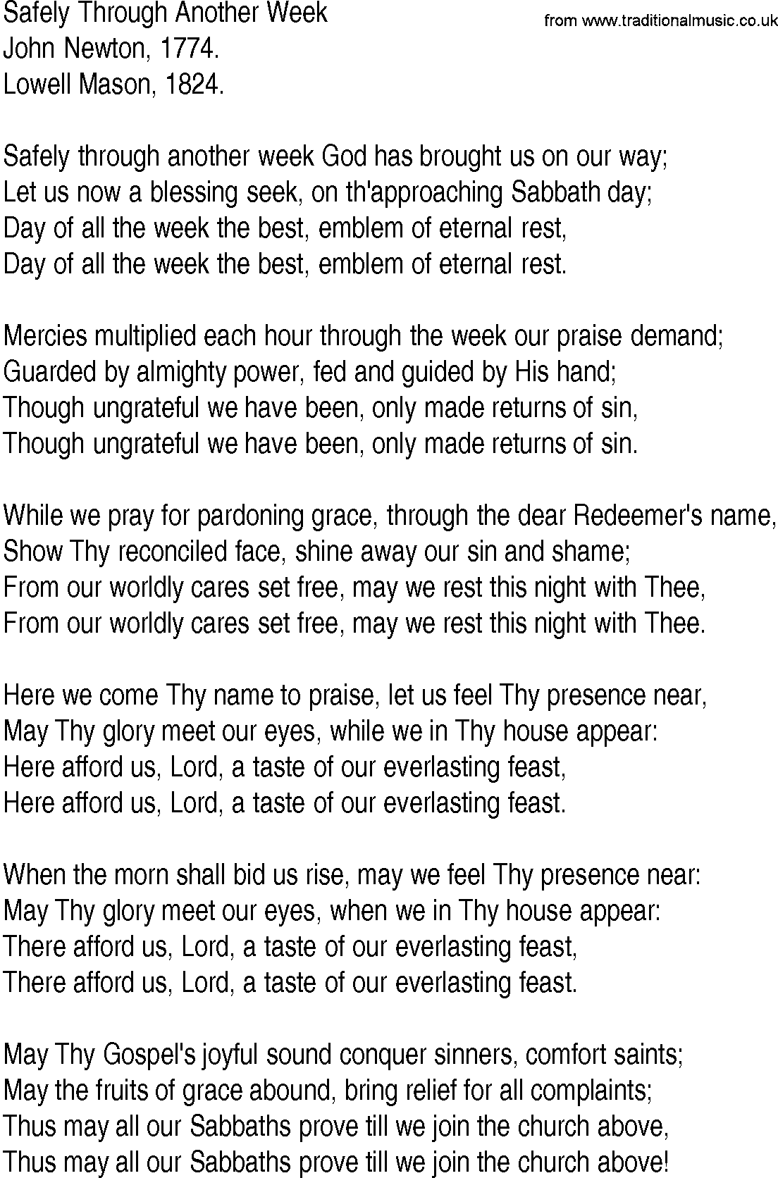 Hymn and Gospel Song: Safely Through Another Week by John Newton lyrics