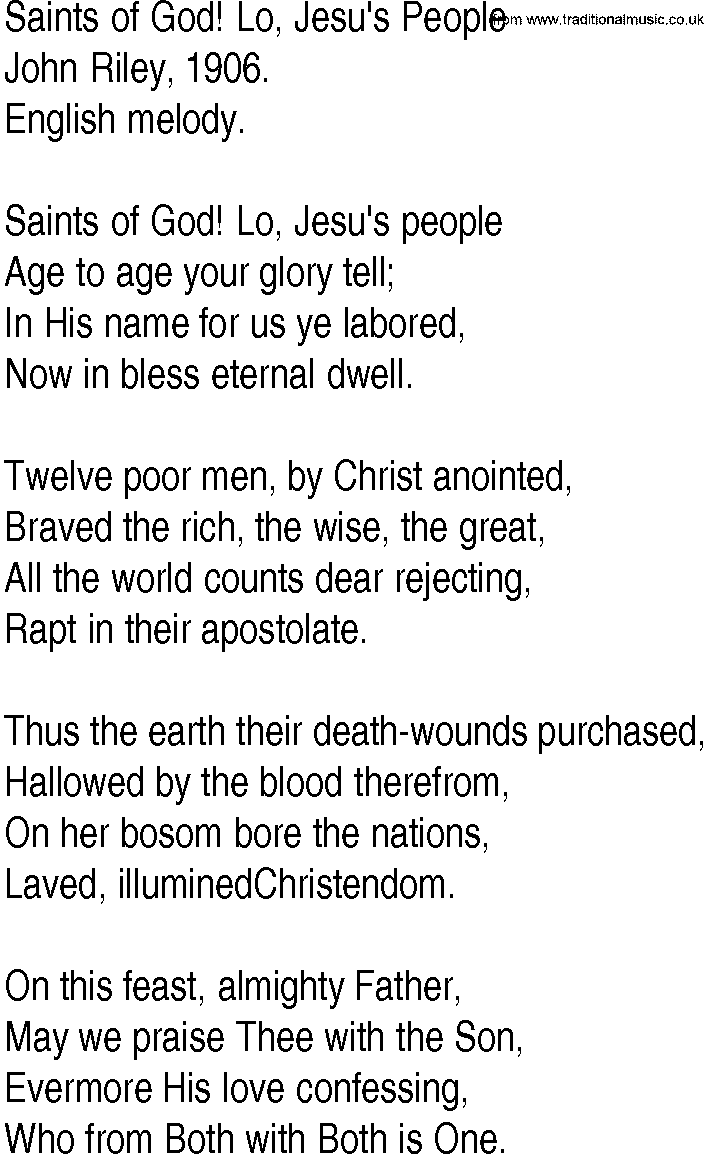 Hymn and Gospel Song: Saints of God! Lo, Jesu's People by John Riley lyrics