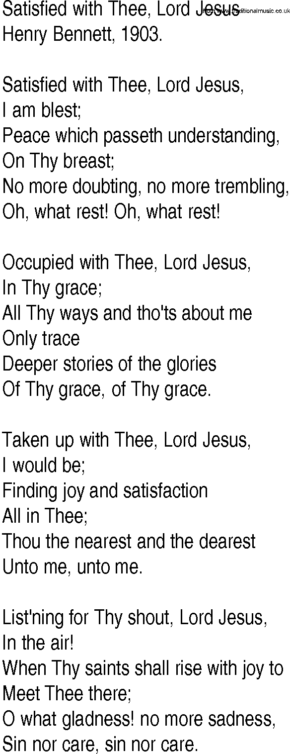 Hymn and Gospel Song: Satisfied with Thee, Lord Jesus by Henry Bennett lyrics