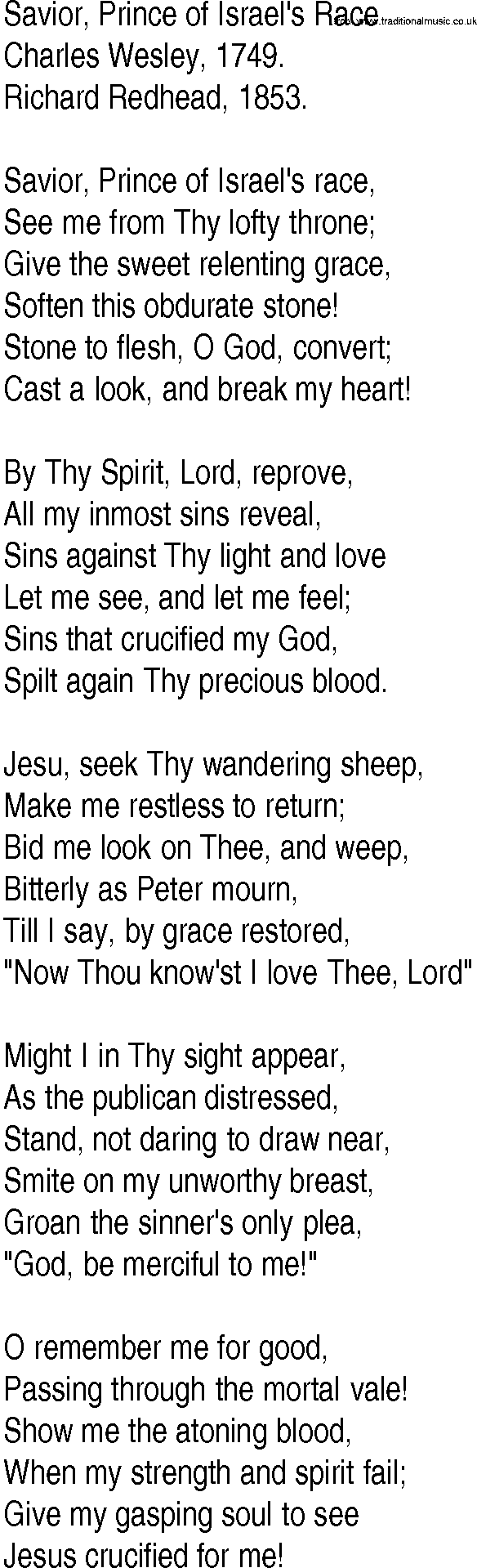 Hymn and Gospel Song: Savior, Prince of Israel's Race by Charles Wesley lyrics