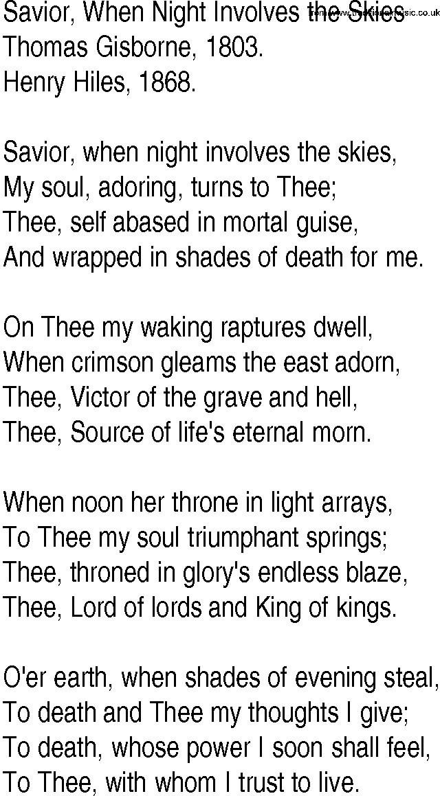Hymn and Gospel Song: Savior, When Night Involves the Skies by Thomas Gisborne lyrics