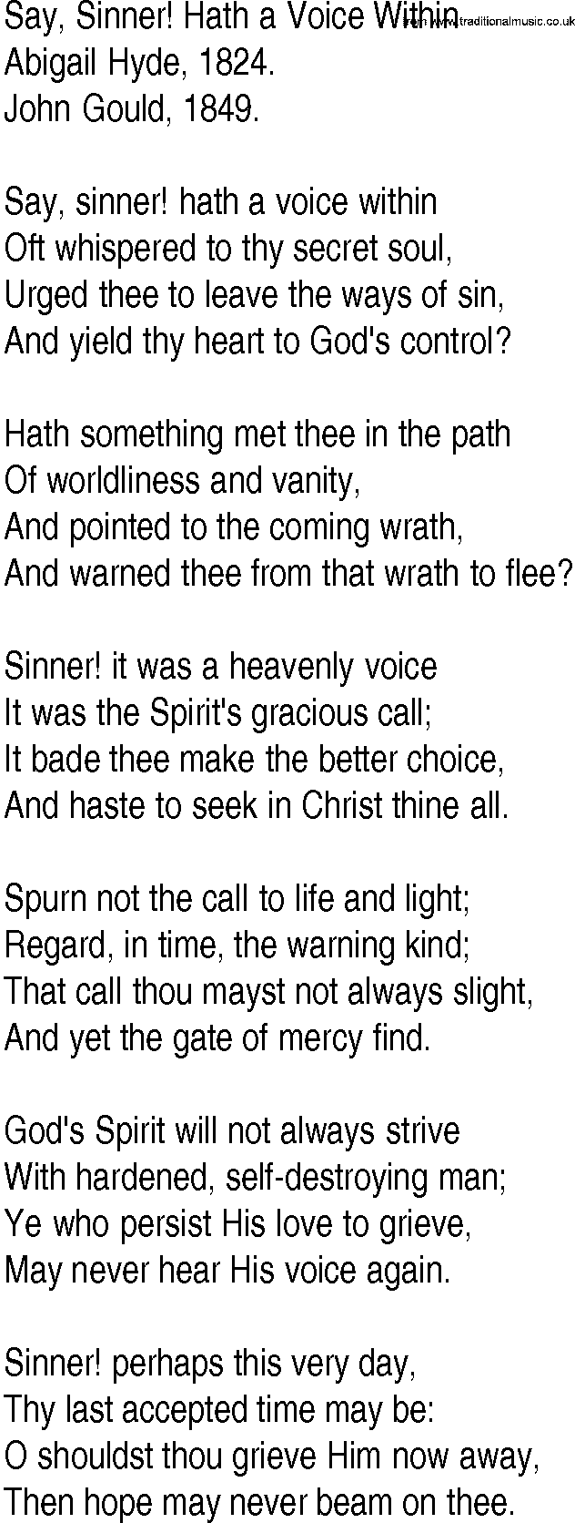 Hymn and Gospel Song: Say, Sinner! Hath a Voice Within by Abigail Hyde lyrics