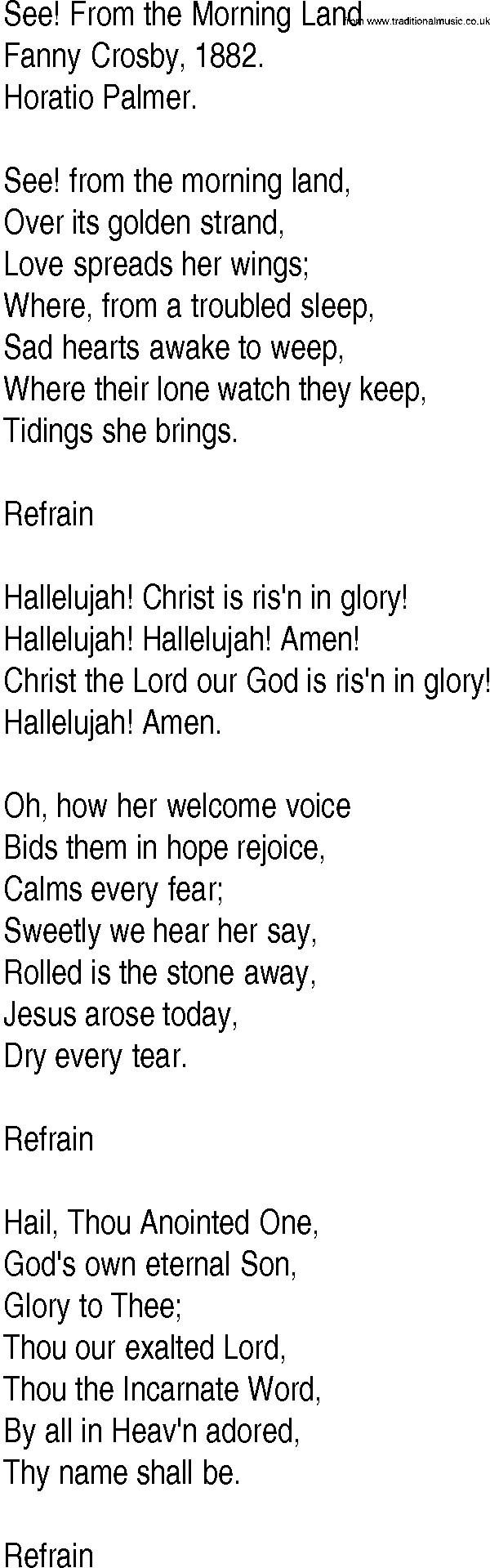 Hymn and Gospel Song: See! From the Morning Land by Fanny Crosby lyrics