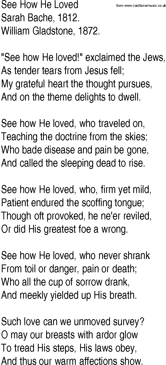 Hymn and Gospel Song: See How He Loved by Sarah Bache lyrics