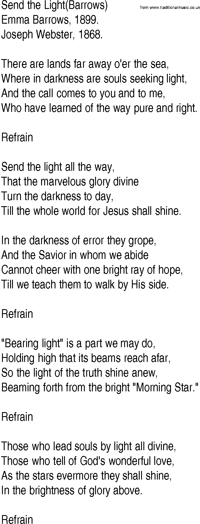 Hymn and Gospel Song: Send the Light(Barrows) by Emma Barrows lyrics