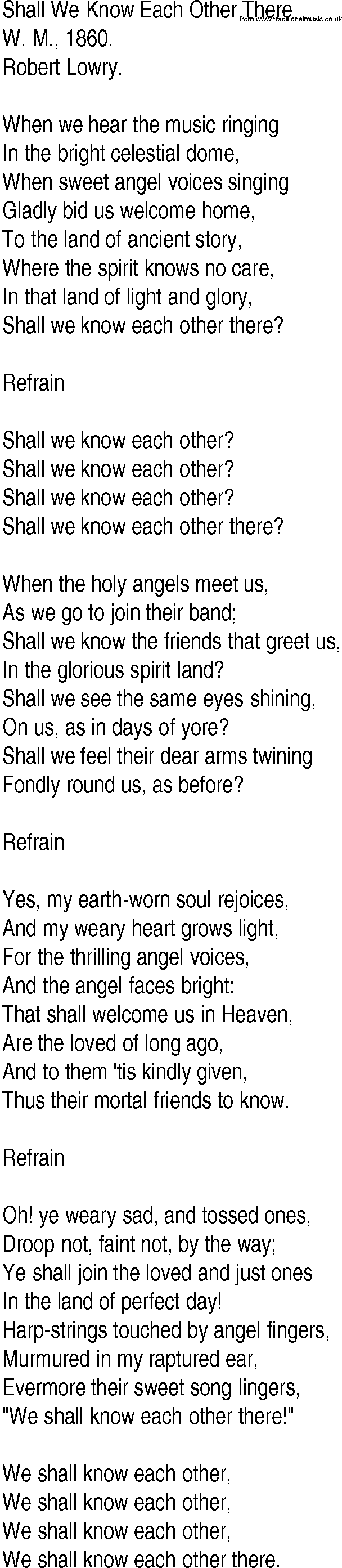 Hymn and Gospel Song: Shall We Know Each Other There by W M lyrics