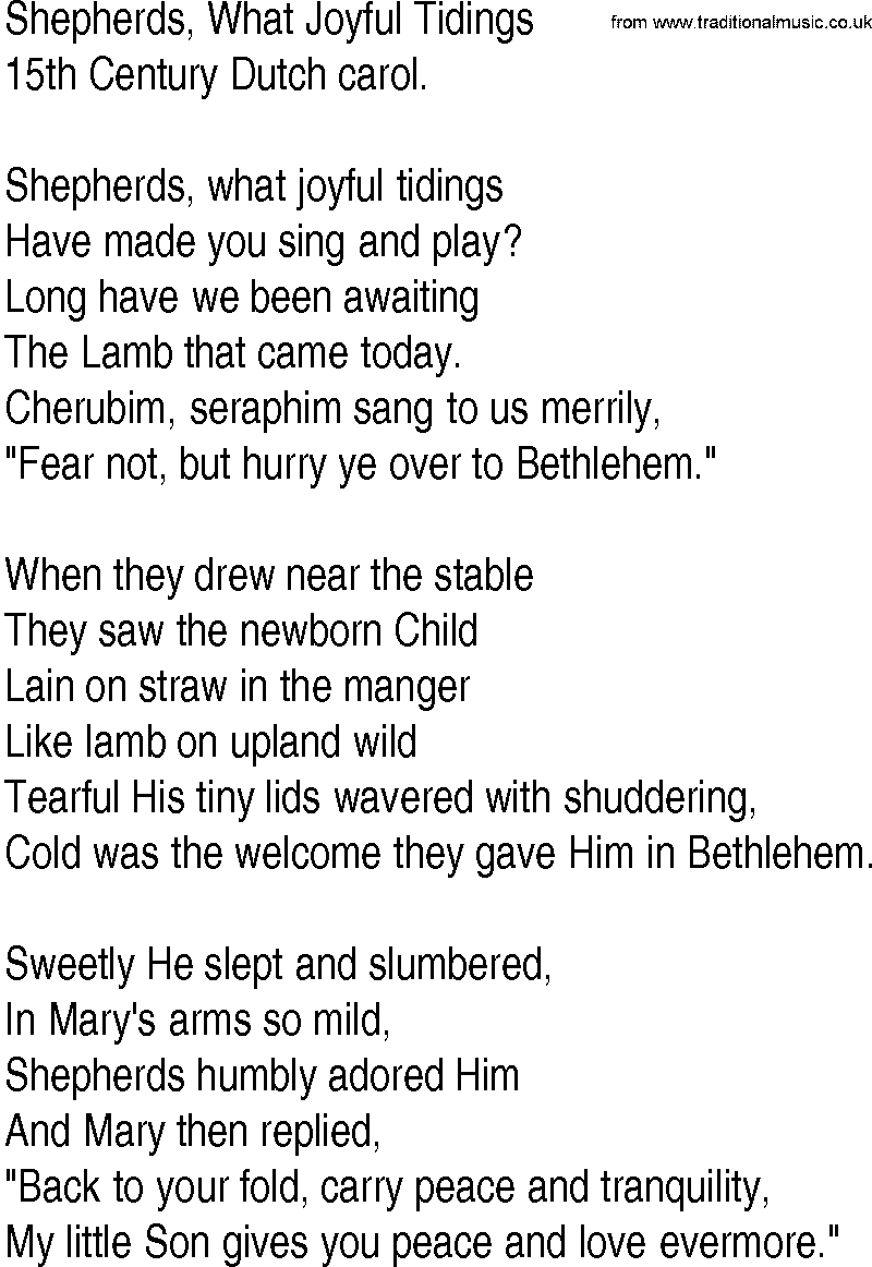 Hymn and Gospel Song: Shepherds, What Joyful Tidings by th Century Dutch carol lyrics