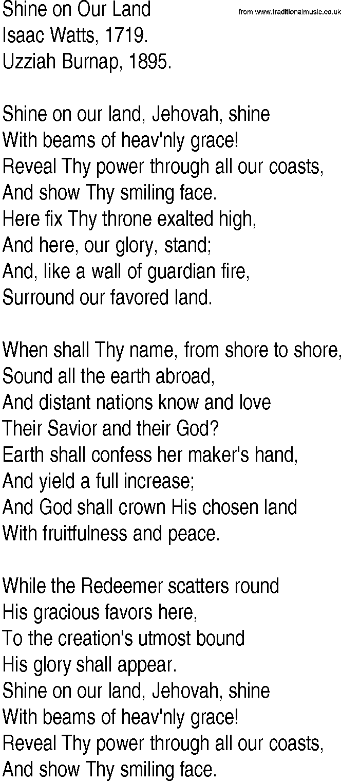 Hymn and Gospel Song: Shine on Our Land by Isaac Watts lyrics