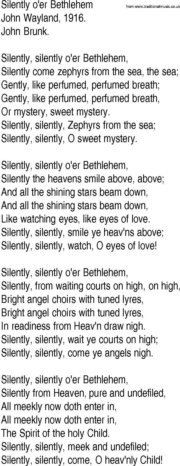 Hymn and Gospel Song: Silently o'er Bethlehem by John Wayland lyrics