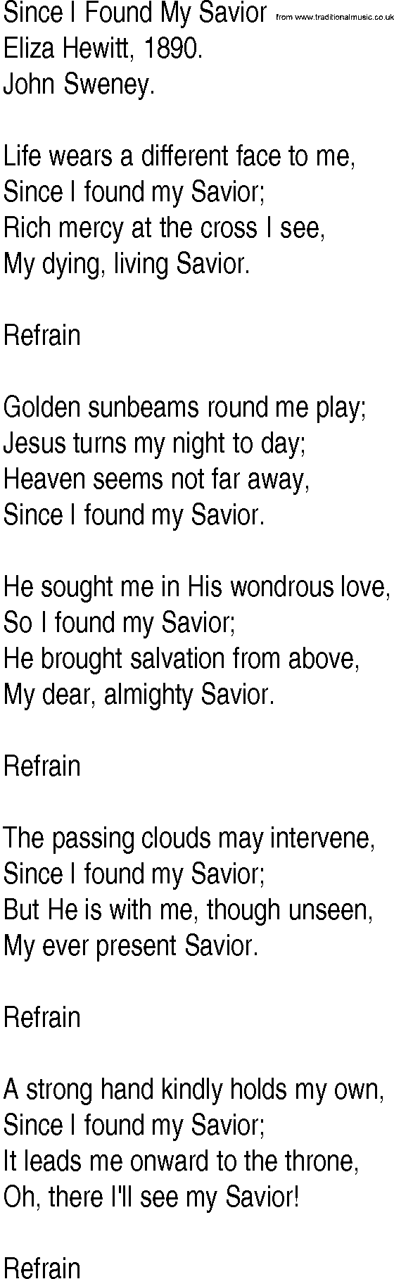 Hymn and Gospel Song: Since I Found My Savior by Eliza Hewitt lyrics