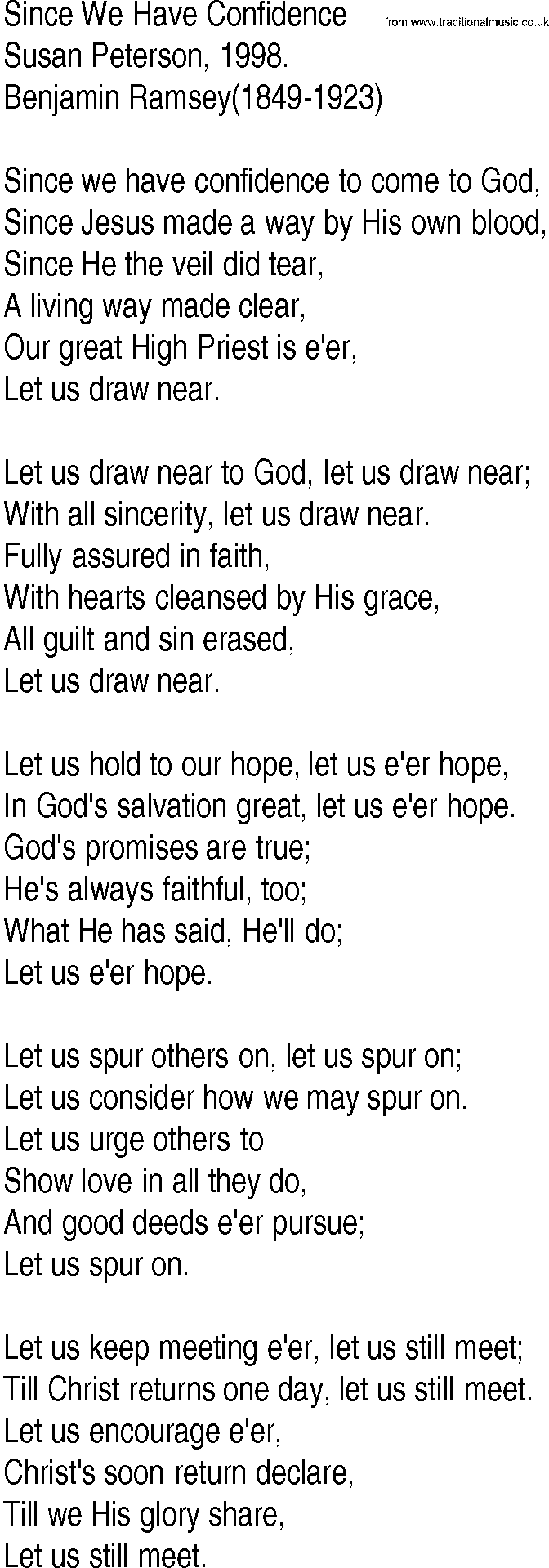 Hymn and Gospel Song: Since We Have Confidence by Susan Peterson lyrics