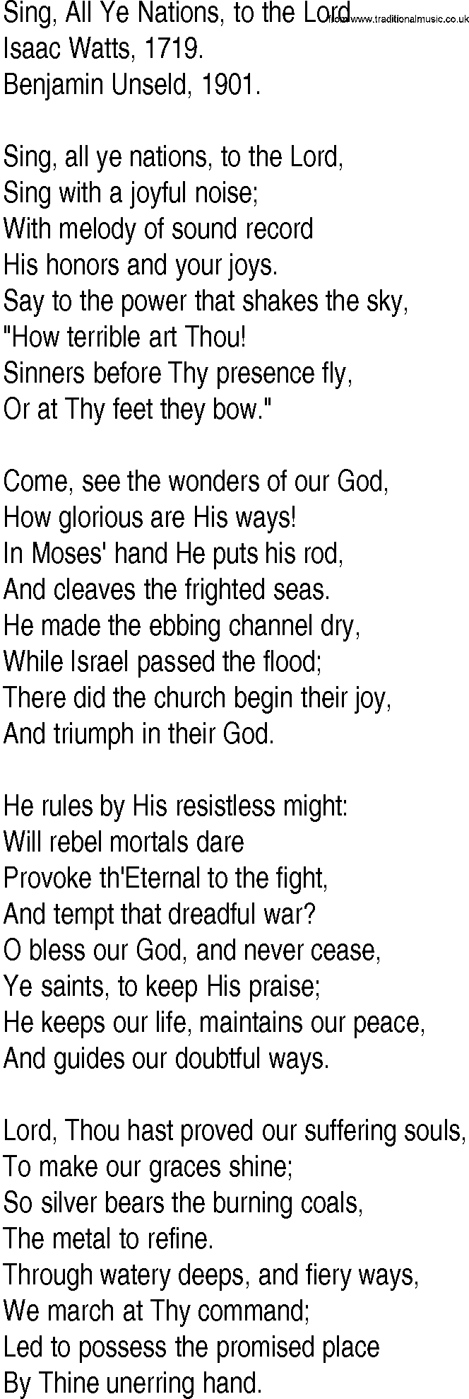 Hymn and Gospel Song: Sing, All Ye Nations, to the Lord by Isaac Watts lyrics