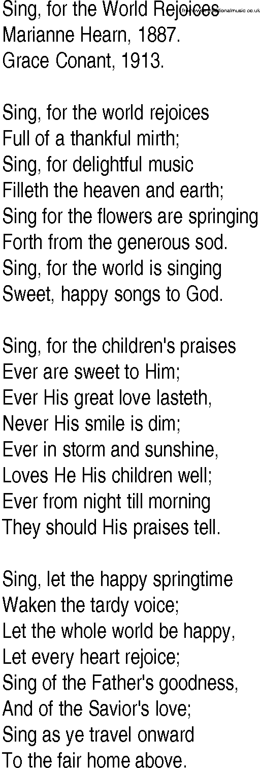 Hymn and Gospel Song: Sing, for the World Rejoices by Marianne Hearn lyrics
