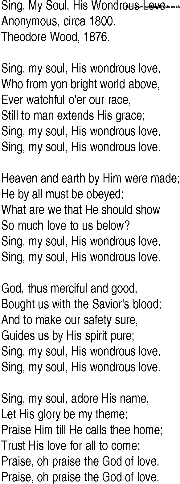 Hymn and Gospel Song: Sing, My Soul, His Wondrous Love by Anonymous circa lyrics