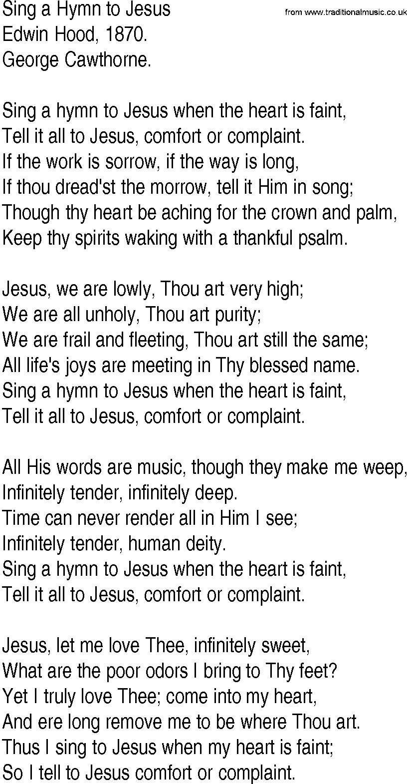 Hymn and Gospel Song: Sing a Hymn to Jesus by Edwin Hood lyrics