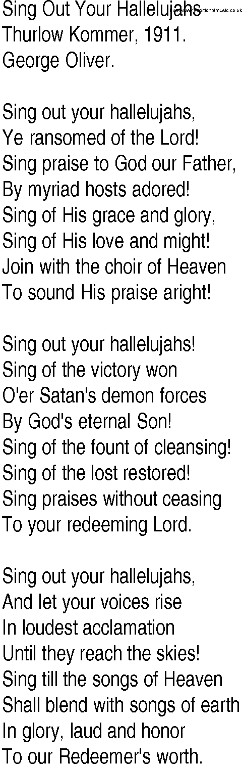 Hymn and Gospel Song: Sing Out Your Hallelujahs by Thurlow Kommer lyrics