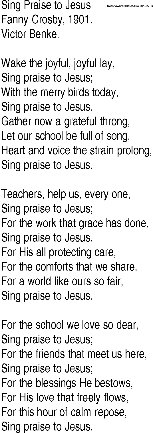 Hymn and Gospel Song: Sing Praise to Jesus by Fanny Crosby lyrics