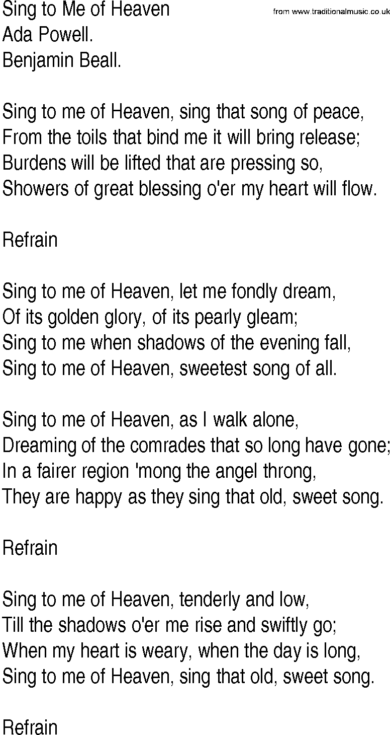 Hymn and Gospel Song: Sing to Me of Heaven by Ada Powell lyrics
