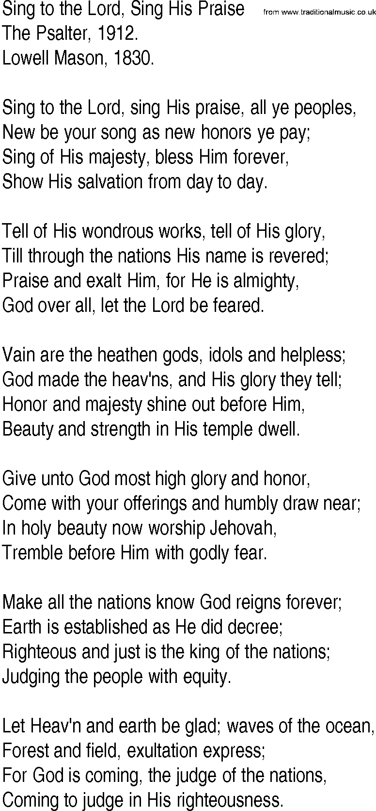 Hymn and Gospel Song: Sing to the Lord, Sing His Praise by The Psalter lyrics